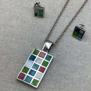Vintage Sterling Silver Geometric Mosaic Necklace and Earrings Set